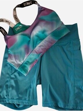 ​3 PACES Activewear Set Watercolor Tie Dye Bra S & High Waist Pocket Shorts M